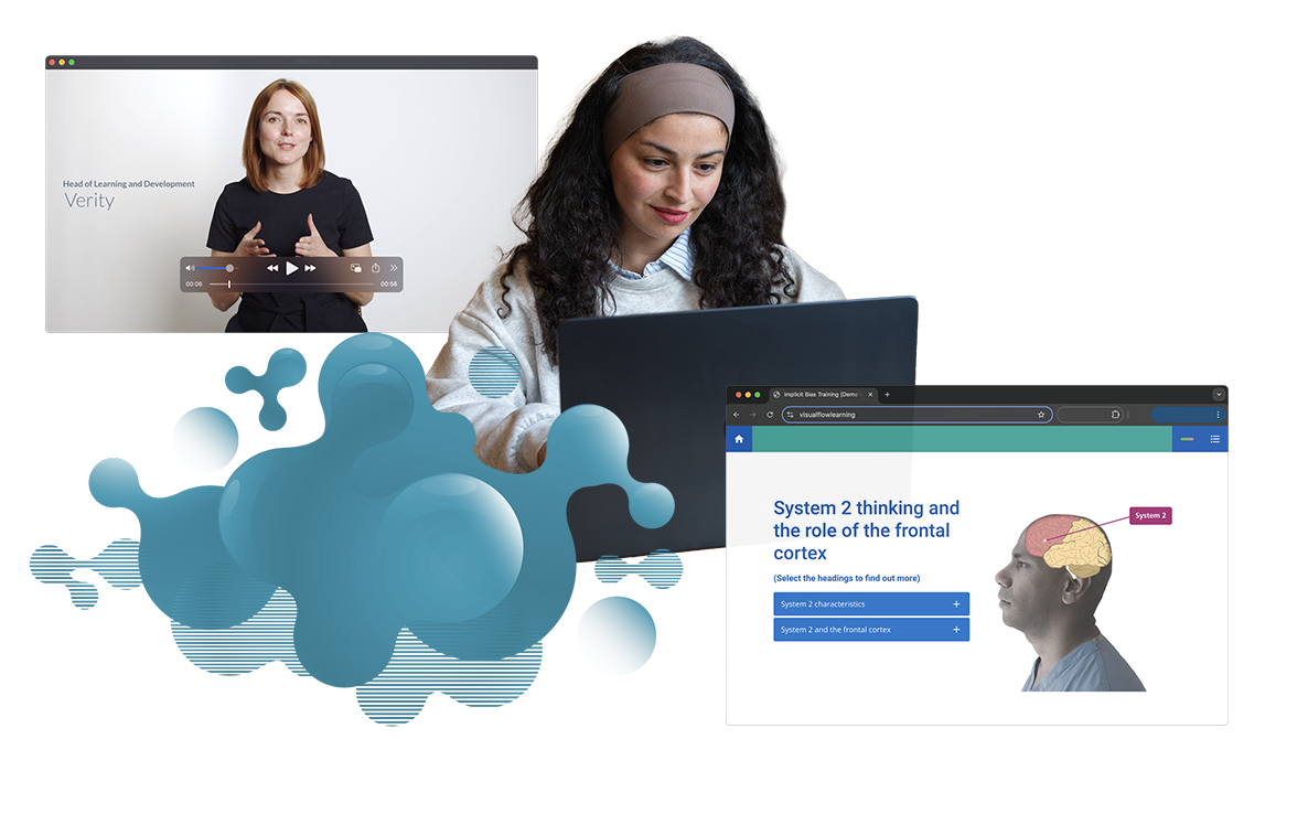 Woman reading from ipad and screenshots of content